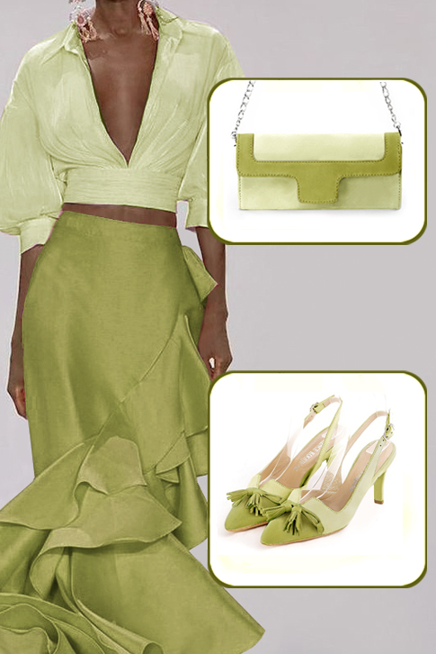 Women's pistachio green and meadow green elegant slingback heels, with a bow on the front. Tapered toe. High slim heel - Worn view